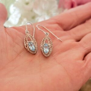 Silver Filigree Rope Oval Drop Earrings w/ Marquise Blue Topaz Stone Avon 91